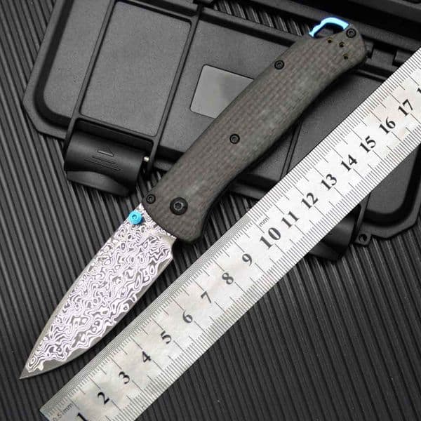 H-Models 535-3 Bugout Folding Knife 3.24" Damascus Satin Plain Blade, Carbon Fiber Handles
