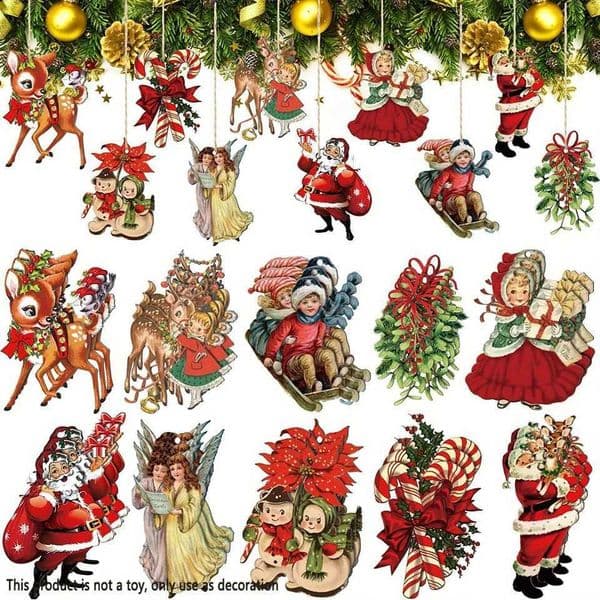 20pcs Christmas Santa Claus Green Wreath Garland Elk Bell Wooden Hanging Decoration Pendant for Outdoor Par Gift (with Rope)XJ241206
