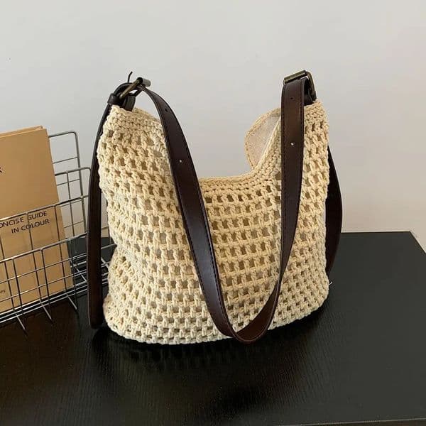 Casual womens cotton rope handbag summer womens vacation shoulder bag fashionable womens beach handbag 241205