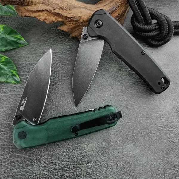 KS 6105 KVT Folding Pocket Knife 8Cr13Mov BlackWashed Drop Point Blade Black/green Nylon Fiber Handles Reversible Deep Carry Clip Outdoor Hunting Hiking Knife