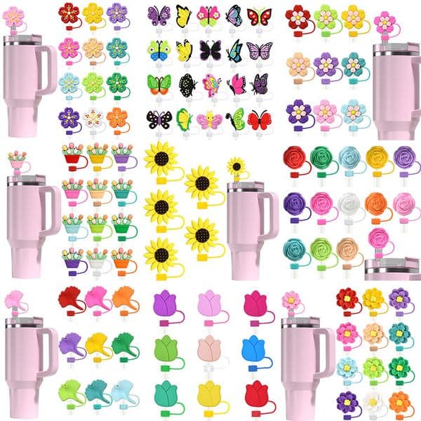 new styles flowers theme straw toppers drink charms dust plug cover cap gift