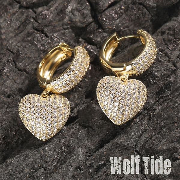 Hip Hop Cubic Zircon Heart Dangle Huggie Hoop Earrings For Men And Women Full Diamond Love Heart Dangle Ear Ring Bling 18k Rose Gold Cz Stones Pendientes Bijoux Bijoux