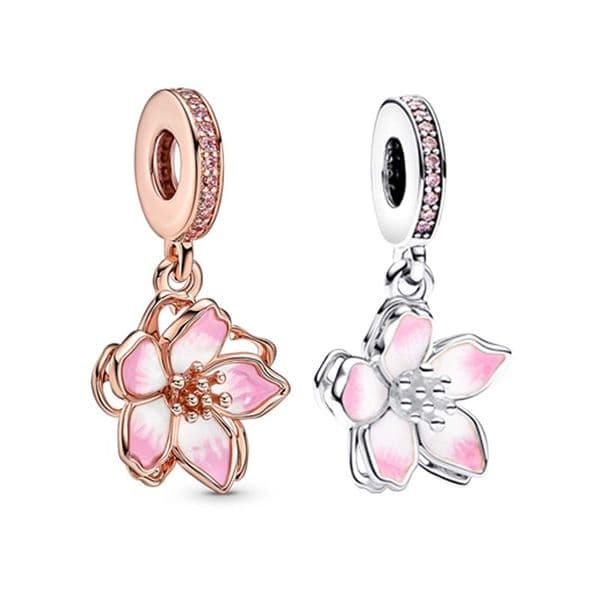 Cherry Blossom Dangle Charm 100% 925 Sterling Silver Luxurious Charm Women Snake Chain Bracelet Jewelry Making Components Necklace Pendant charms with Retail Box