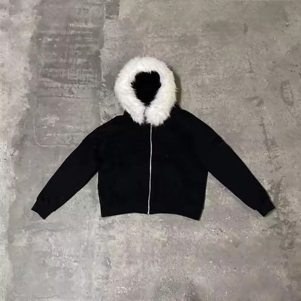 Y2k Retro Black Fur Collar Hoodie Mens Winter High Loose Warm Two Piece Set Oversized Street Clothing Ropa Hombre