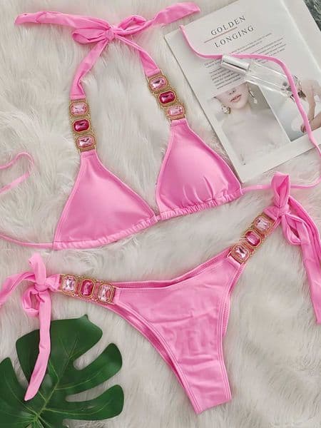 Women's Swimwear Sexy rhie bikini set for women 2025 pink crystal dia push up bandage thong beach swimsuit