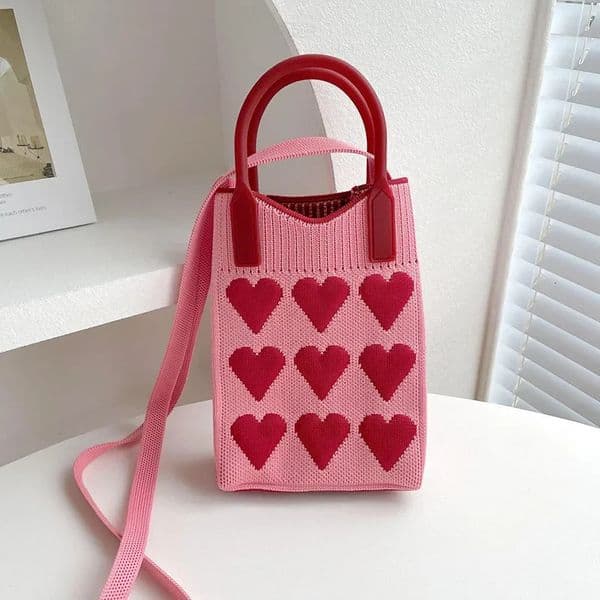 Korean fashion heart-shaped knitted mini square womens handbag small mobile phone shoulder bag cute outdoor cross body bag 241213