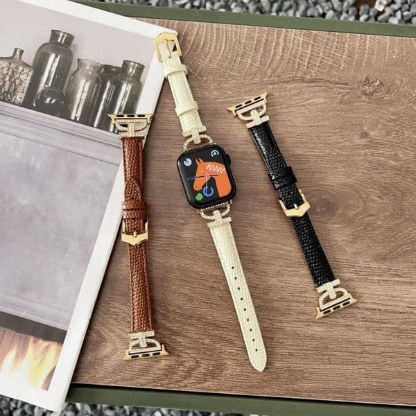 Genuine Leather Watch Band For Apple Watch Women 38 40 41 42 44 45 46 49mm Designer Leather Strap with D-Shape Diamond Conntector Comaptible iwatch S10 Ultra 9 8 7 6 5 4 3 SE