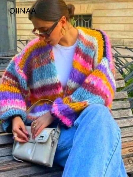 OIINAA Knitted Cardigan For Women Sweater Striped Rainbow Long Sleeve Open Cardigans Autumn Winter Fashion Outerwears