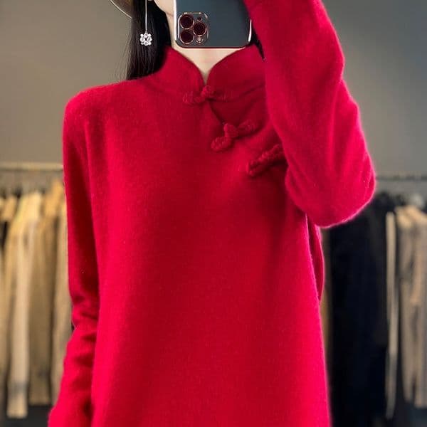 (280) New Style Stand-up Collar Pure Wool Knitted Dress Autumn and Winter Solid Color Medium-length Skirt