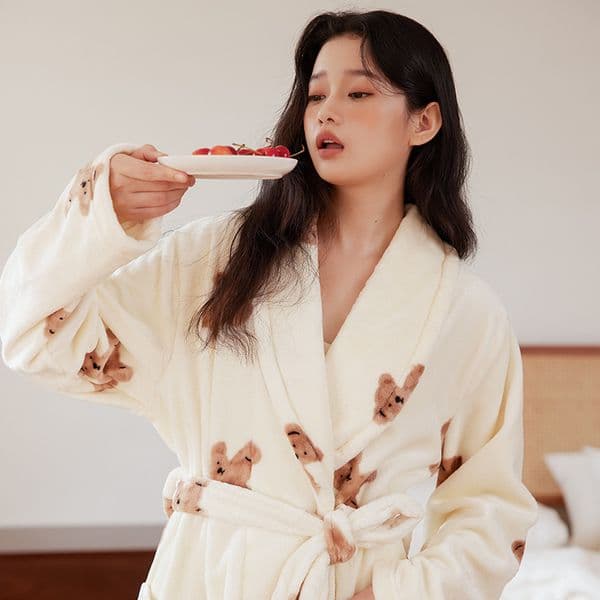 B386-New autumn and winter thickened plus velvet flannel nightgown for women cute bear warm coral fleece medium and long bathrobe pajamas