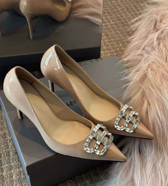 Luxurious Design Women Sandals Shoes Crystal-embellished BB Knife Pumps Patent Leather Nude Black Pointed Toe High Heels Lady Walking Original Box