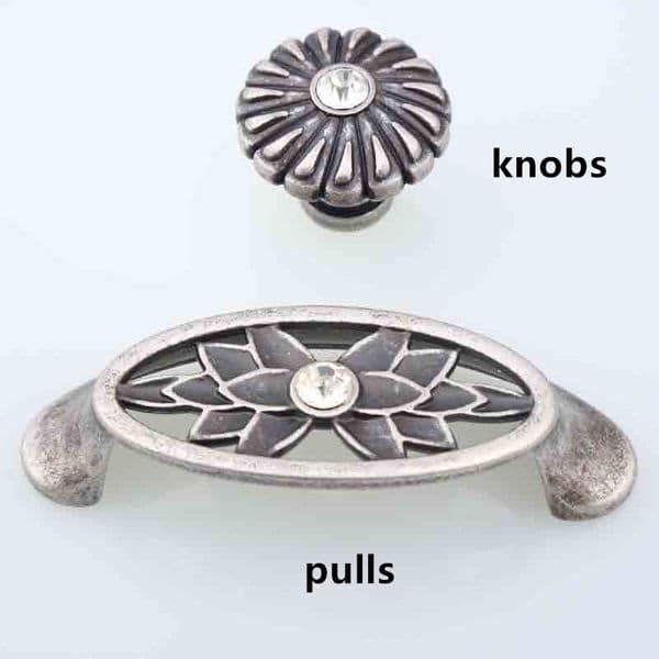 64mm antique silver dresser door handle antique tin drawer cabinet knob pull 2.5" rhinestone glass crystal furniture knobs shell