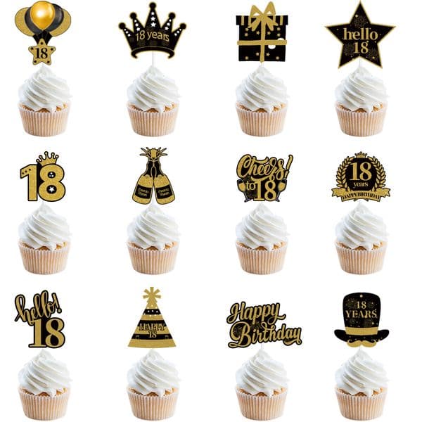 12Pcs 30th 40th 50th 60th Birthday Party Black Gold Cake Toppers Adult Birthday Anniversary 18 30 40 50 Year Birthday Supplies
