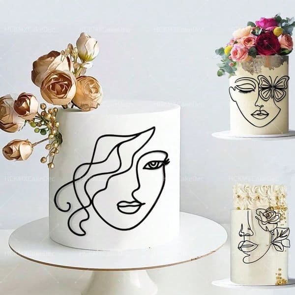 Abstract Minimalist Line Acrylic Birthday Gold Cake Topper Mnimalist Character Art For Woman Birthday Party Cake Decorations