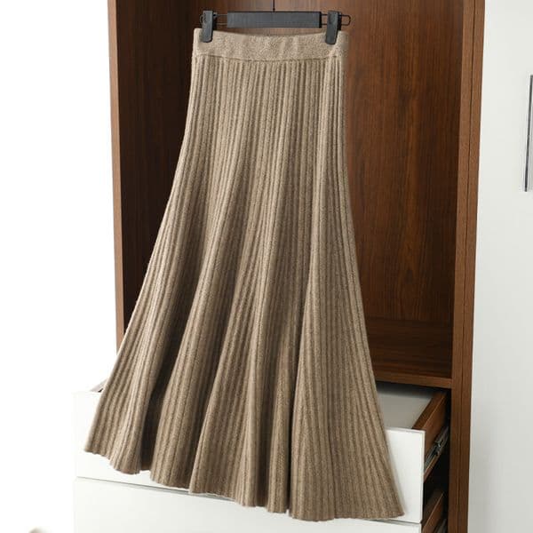 (16) Autumn and Winter Long Umbrella Skirt High Waist and Knee-length Knitted Wool Skirt