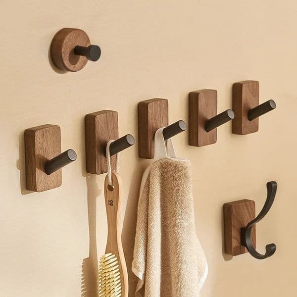 Self-adhesive Solid Wooden Hook Walnut Key Decorative Towel Holder Hook Door Hanger Wall Coat Rack Kitchen Bathroom Organizer