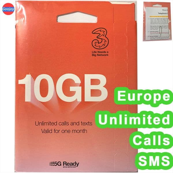 European 5G Unlimited Call & SMS,UK 10/30/100GB Data (Europe 12GB Data),UK Phone Number,Can Top Up Yourself,UK Three Sim Card.