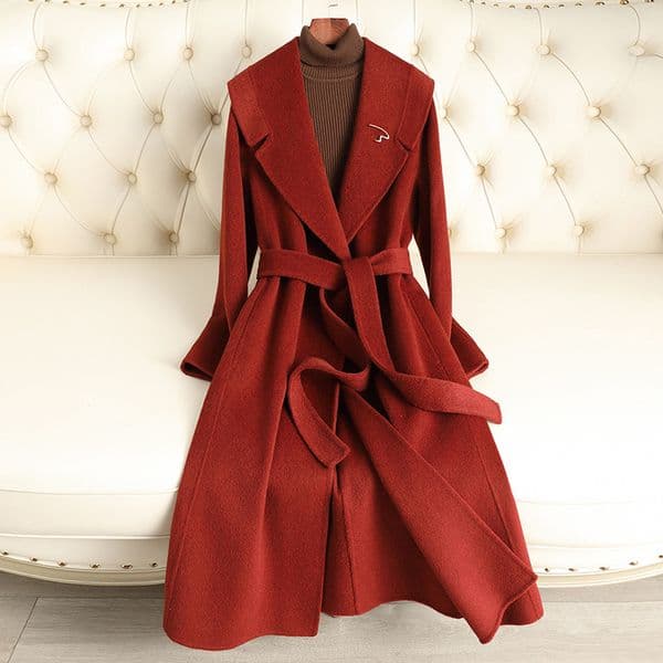 D6371 New autumn and winter double-faced wool coat for women solid color lapel lace-up slim fit light luxury high-end wool coat