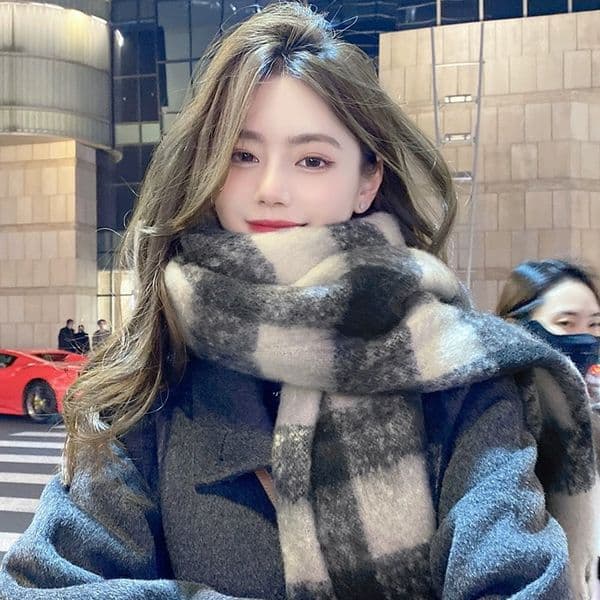 P95630 New Maillard Imitation Cashmere Plaid Scarf Women Autumn and Winter Thickening Warm Shawl Dual-purpose Solid Color Student Neck Scarf