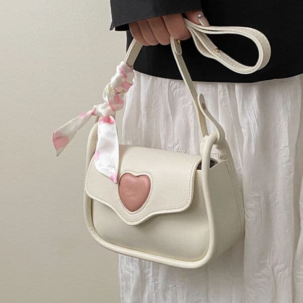 Cute Love Heart Women's Small Flap Bag TLXT White Shoulder Bags Designer Fashion Female Messenger Bag Simple Ladies Crossbody Bag Purse Handbag with Scarf