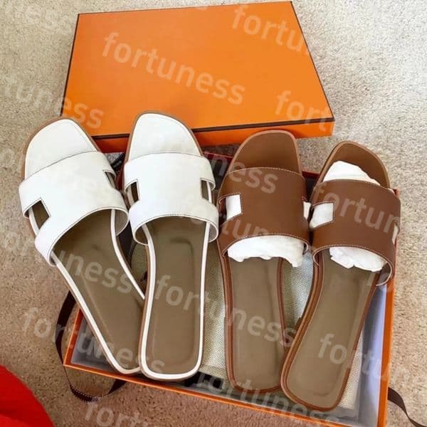 Designer Slides Sandals Women Beach Slippers Genuine Leather Classic Brand Fashion Luxury Summer Beach Bath Slippers Brown Retro Sandals size35-42