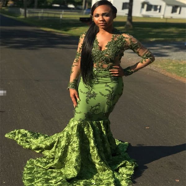 Beautiful Green Prom Dresses With 3D Florals Elegant V Neck Mermaid Evening Dress Long Sleeve Black Women Formal Gown African Nigeria Special Occasion Wear 2025