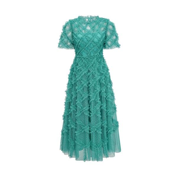 (21) Fresh and sweet round neck short-sleeved long skirt high waist mesh embroidery dress commuter skirt