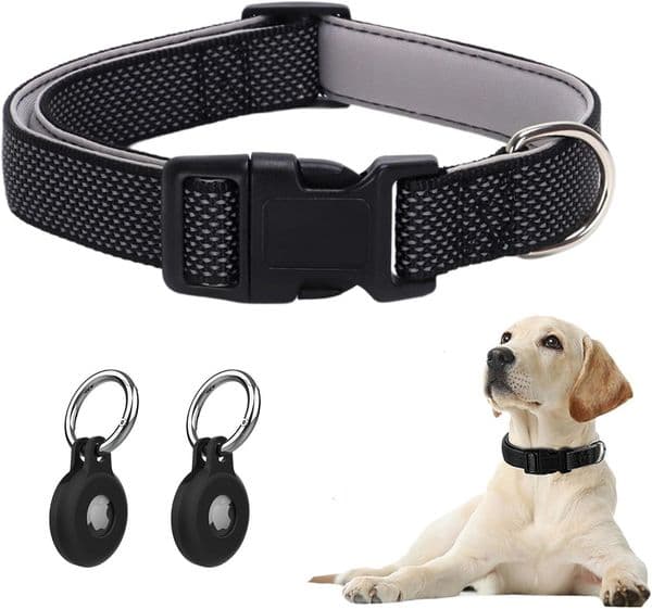 Reflective Dog Collar with Breathable Nylon Soft Neoprene Pad Collar, Suitable for Medium sized Dogs+2 AirTag Holders (Black, Medium)