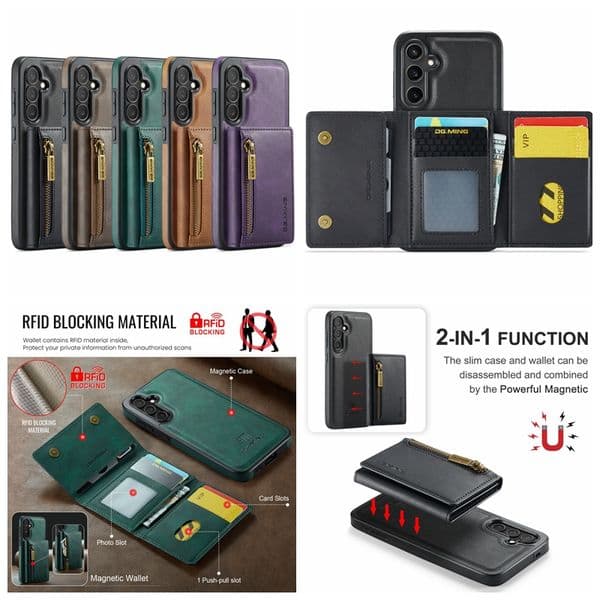 S26 DG.MING Wallet Pack Leather Cases For Iphone 17 Air 16E 16 Pro Max 15 14 13 Samsung S25 Edge S24 FE S23 Ultra Wireless Charging Magnetic Zipper Card Slot