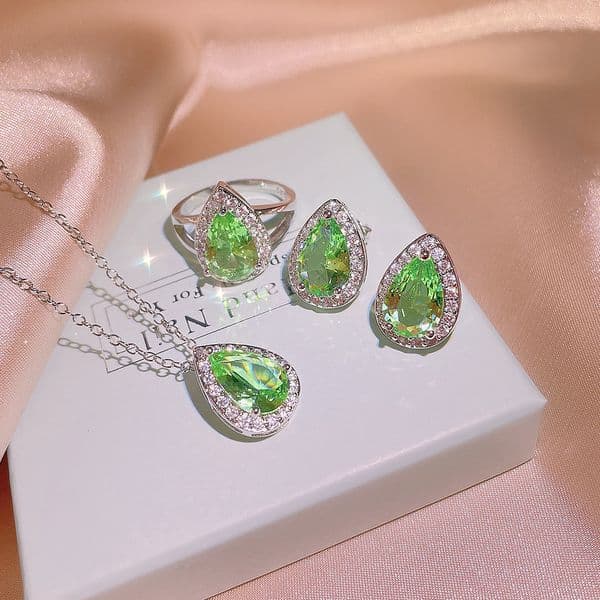 Exquisite Jewelry Three-piece Set for Women Fashion Zircon Drop Shape Earrings Necklace Ring Wedding Bridal Jewelry Set