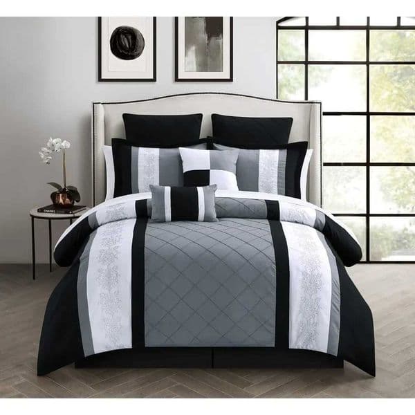 Duvet Cover Set Chic Home 8-Piece Embroidery Comforter Sets Queen Livingston Black Duvet Cover SetXQ240708