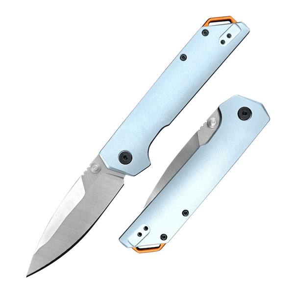 KS 2038 Iridium KVT Folding Knife 3.4" D2 Spear Point Blade Wathet Aluminum Handles EDC Pocket Knife Hunting Rescue Survival Portable Folding Knife Reversible Clip