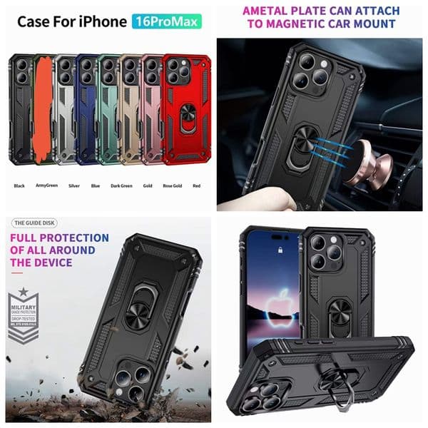 Car Holder Metal Finger Ring Bracket Case For Iphone 17 Air 16 15 Plus 14 13 Pro 12 11 XR XS MAX X 8 7 6 SE2 Defender Armor Hybrid Layer Shockproof Impact Combo