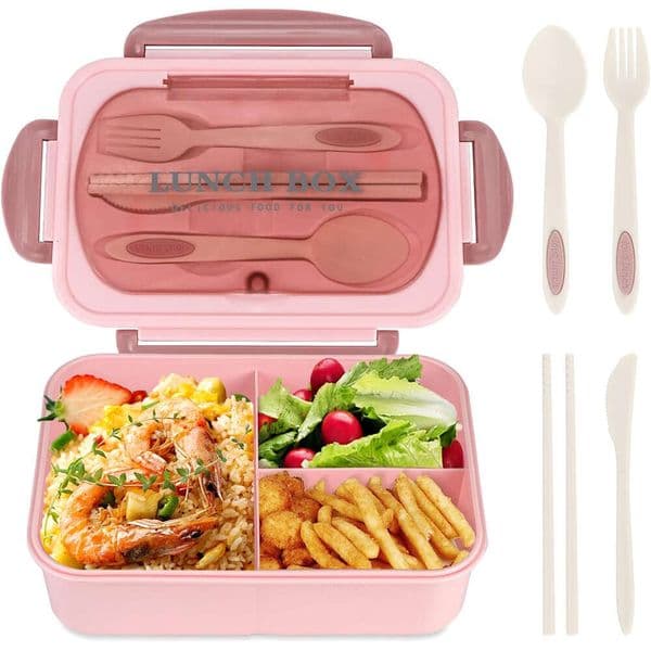 1200Ml Kids 3 Compartments Leakproof Bento Box With Utensils Pink Lunch Boxes for Adults 0712