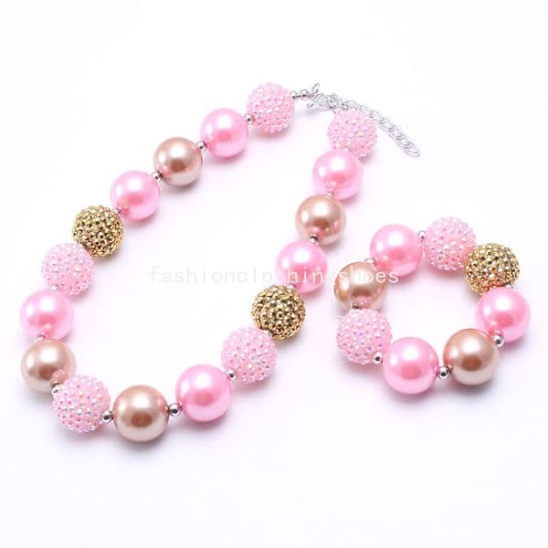 Cute Pink/Gold Beads Necklace Bracelet Child Girls Kids Chunky Bubblegum Necklace Set Fashion Chunky Jewelry Gift