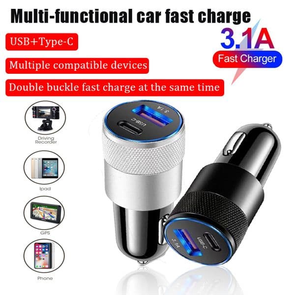 Type C USB 2 Port Car Charger Phone Charger 3A Fast Charging 12V 15W Cigarette Lighter Adapter Power Outlet for iPhone Samsung quick charger
