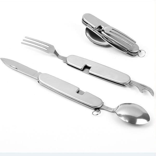 Factory spot outdoor stainless steel folding knife, fork and spoon small four-open multi-function camping tableware picnic tool
