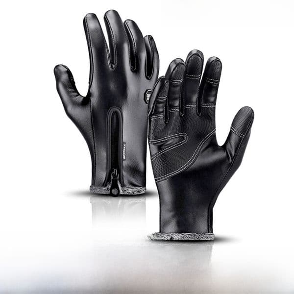 Winter outdoor sports PU leather zipper windproof fleece waterproof touch screen warm riding gloves wholesale