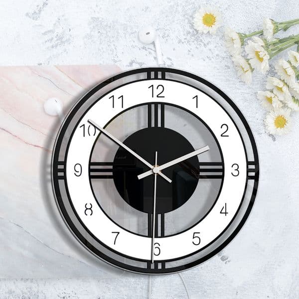 Factory wholesale home decoration black and white round creative wall clock living room bedroom transparent acrylic vintage clock
