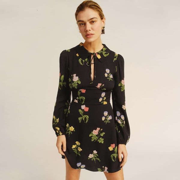 ref Printed Long Sleeved Dress Spring and Summer New French Style Women s Clothing Temperament Bifurcated Sexy Self cultivation Silk Dress SKINNY DRESS