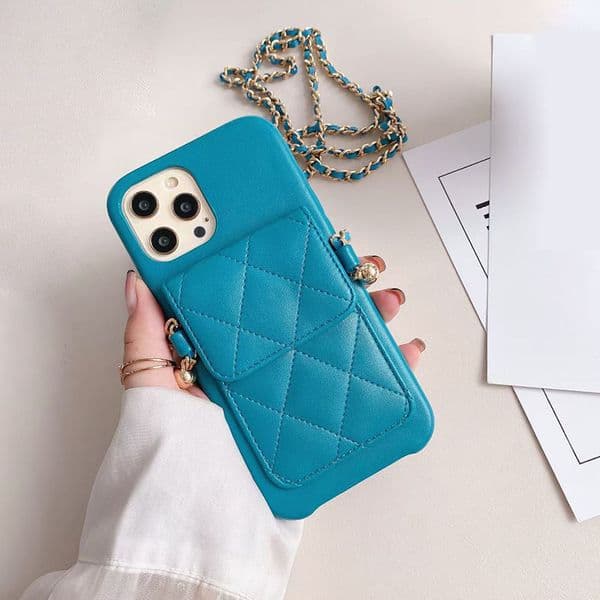 Crossbody Designer Phone Case for Apple iPhone 17 16 Pro Max 15 14 13 12 11 X XS Luxury Leather Chains Strap Wallet Card Holder Velvet Lining Back Cover Coque Funda Blue