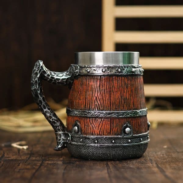 Stainless Steel Viking Beer Mug - Resin Retro Wooden Tankard for Medieval Theme Parties