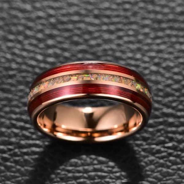 BONLAVIE 8mm Electric Rose Gold Color Inlaid Red Guitar String Broken Opal Tungsten Steel Ring Wedding Rings for Men Size 7-12