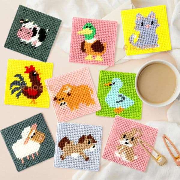 12-in-1 Cross Stitch Kit for Kids Needlepoint Starter Sewing Set DIY Craft Rainbow Heart Sunflower Patterns Embroidery Beginners