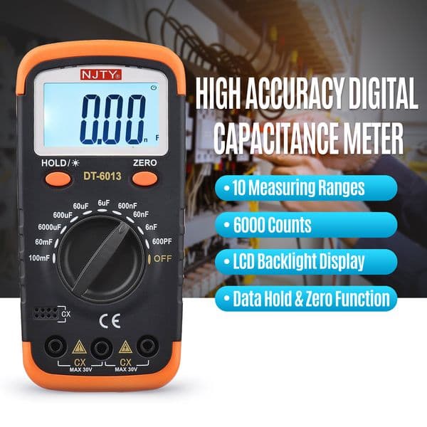 NJTY Digital Capacitance Meter with LCD Backlight Display 600pF to 100mF High Accuracy 6000 Counts Capacitor Tester Kit