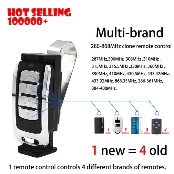 Self-copy Multi Frequency 280 to 868 MHz 4 in 1 Garage Gate Remote Control Duplicator Keychain Barrier Fixed Rolling Code Clone