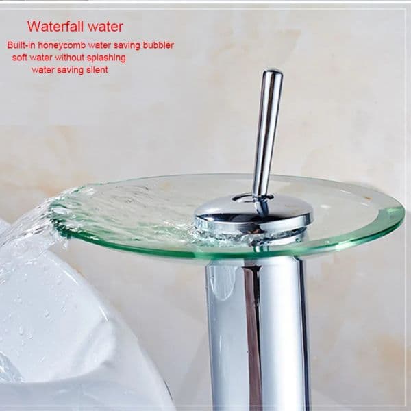All Copper Cold and Hot Waterfall Glass Faucet Single Hole Basin Faucets Round Creative Art Bathroom Water Tap with 1/2 Hose