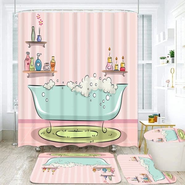 Pink Striped Girl Print 3D Shower Curtain Romantic Polyester Bathroom Curtain Anti-slip Bath Mat Set Toilet Rugs Carpet Decor