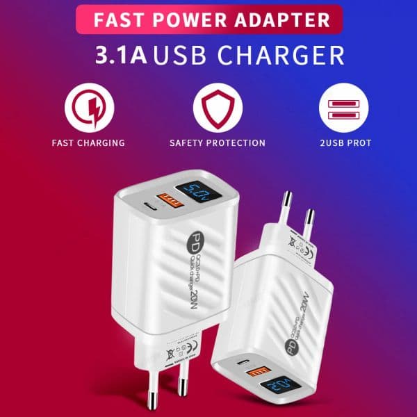 20W USB Fast Charger USB Type C PD Charger 3.0 Digital Display USB Quick Charging For iPhone 14 Samsung Xiaomi Fast Wall Charger