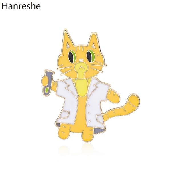 Hanreshe Cute Orange Cat Doctor Scientist Brooch Enamel Medical Chemistry Lapel Coat Badge Pins Science Jewelry Gift for Student